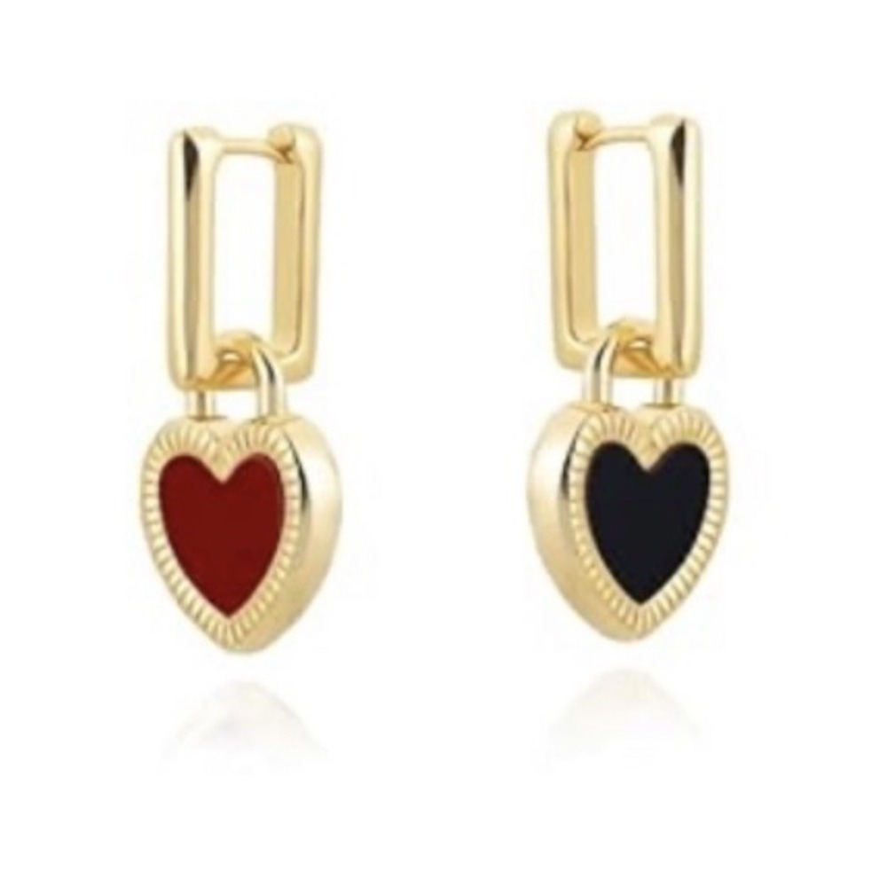 Milan Chiva 14K Gold Plated Red & Black Heart Shaped Earrings - Picture 1 of 6